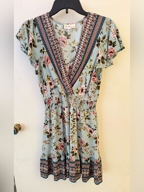 BeBop Floral V-Neck Short Spring and Summer Dress in Light Blue with Pink Roses